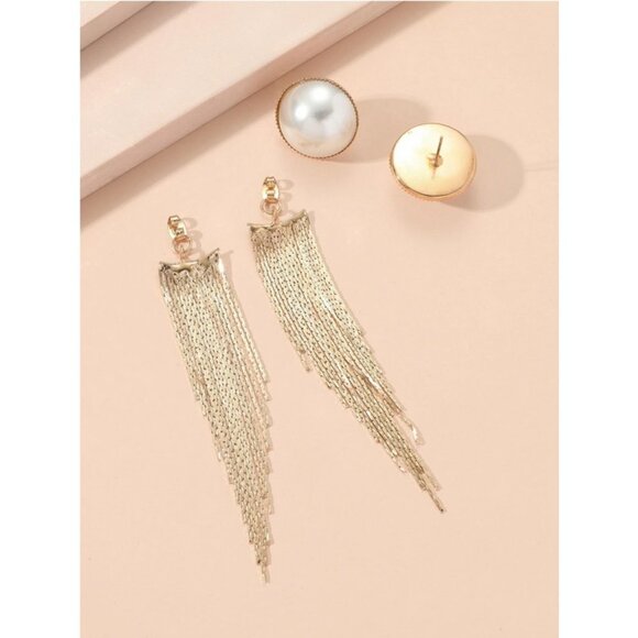 Faux Pearl Metal Tassel Drop Earrings - Picture 2 of 4